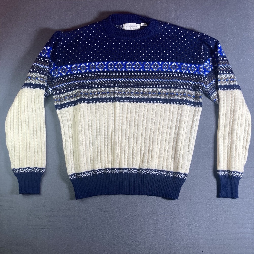 Vintage 1990s Rob Winter Pattern Knit Crewneck Sweater Blue - Large Nordic Style